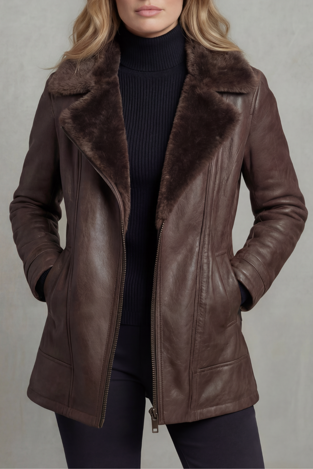 Women's Brown Shearling-Collar Jacket, Long Sleeves, Zip Front