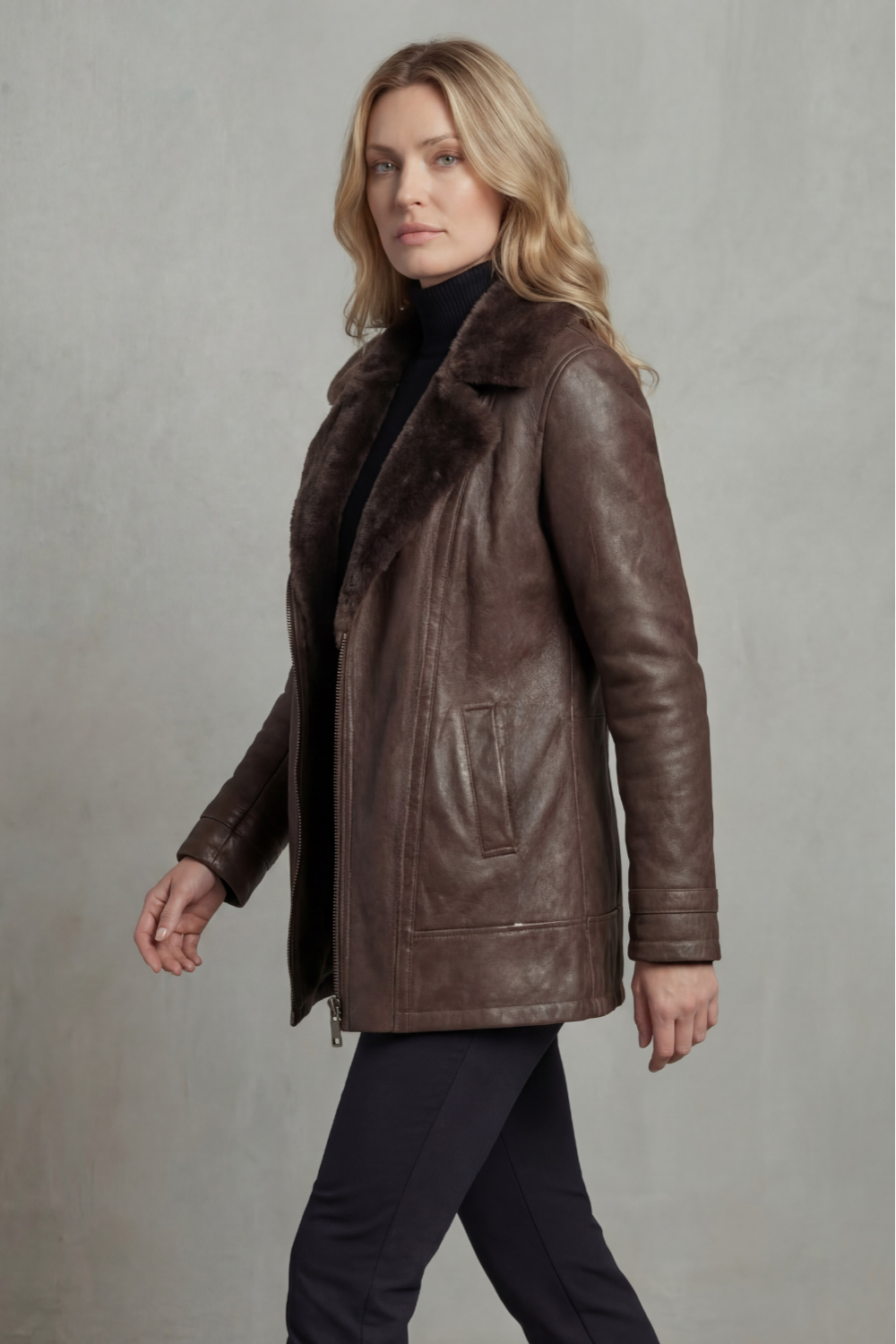 Women's Brown Shearling-Collar Jacket, Long Sleeves, Zip Front
