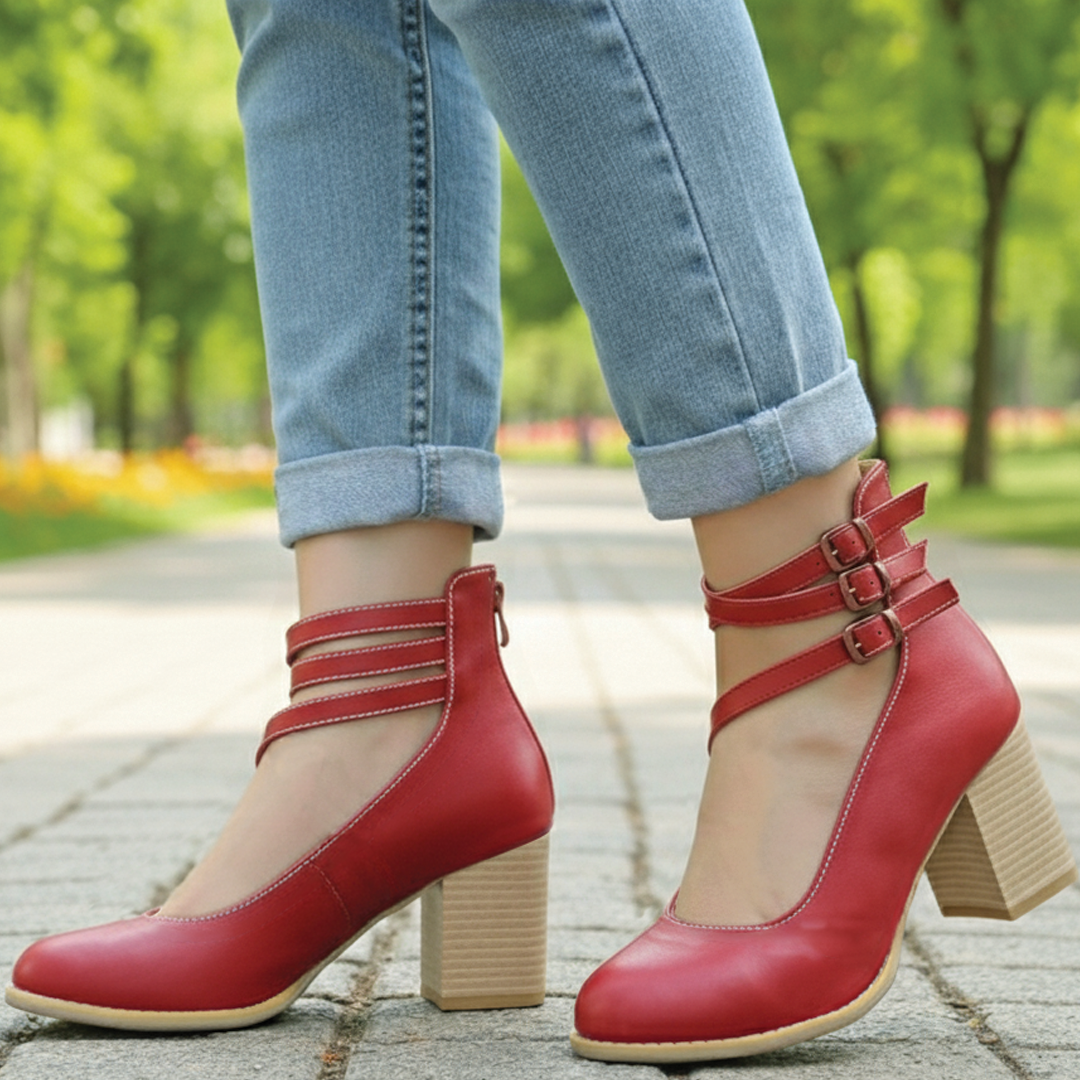 Women's Croc-Embossed Block Heel Pumps with Triple Ankle Straps