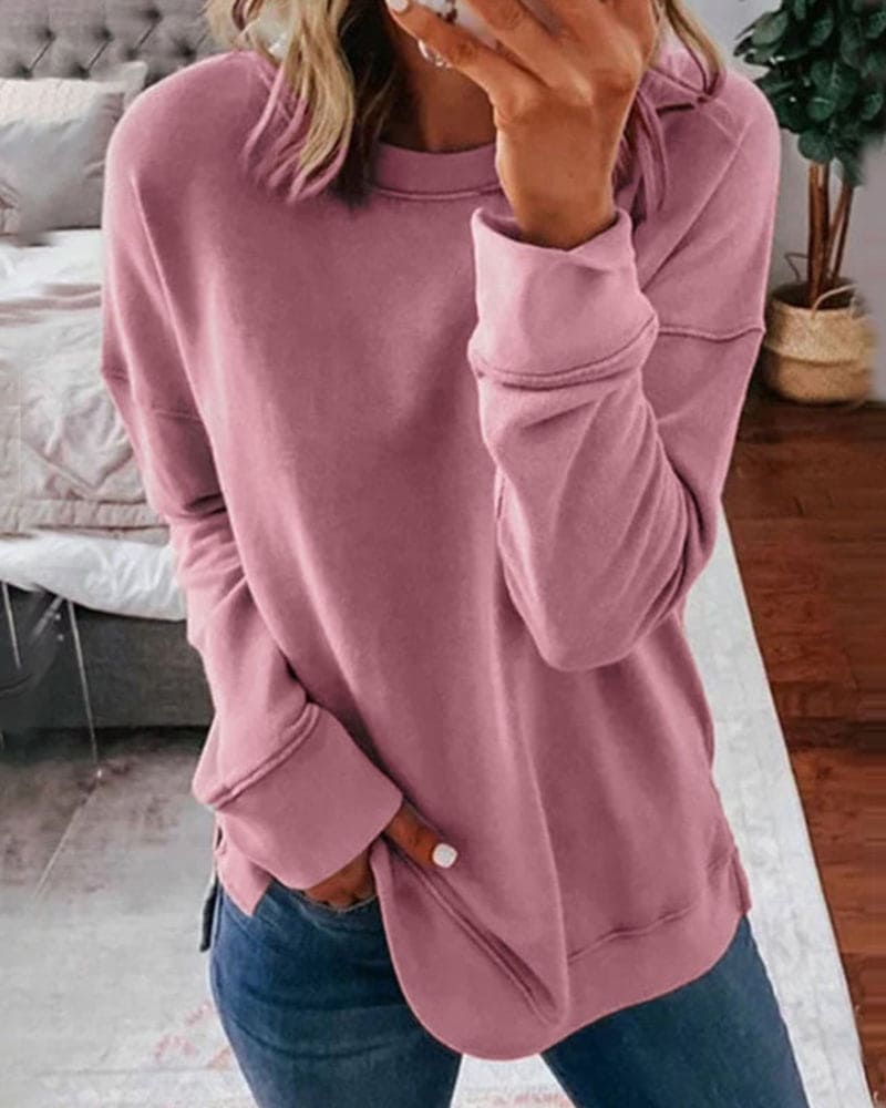 Kari | Womens Crew Neck Fleece Sweatshirt with Curved Hem | Side Slits, Relaxed Fit | Blue, Pink, Navy and More S-3XL