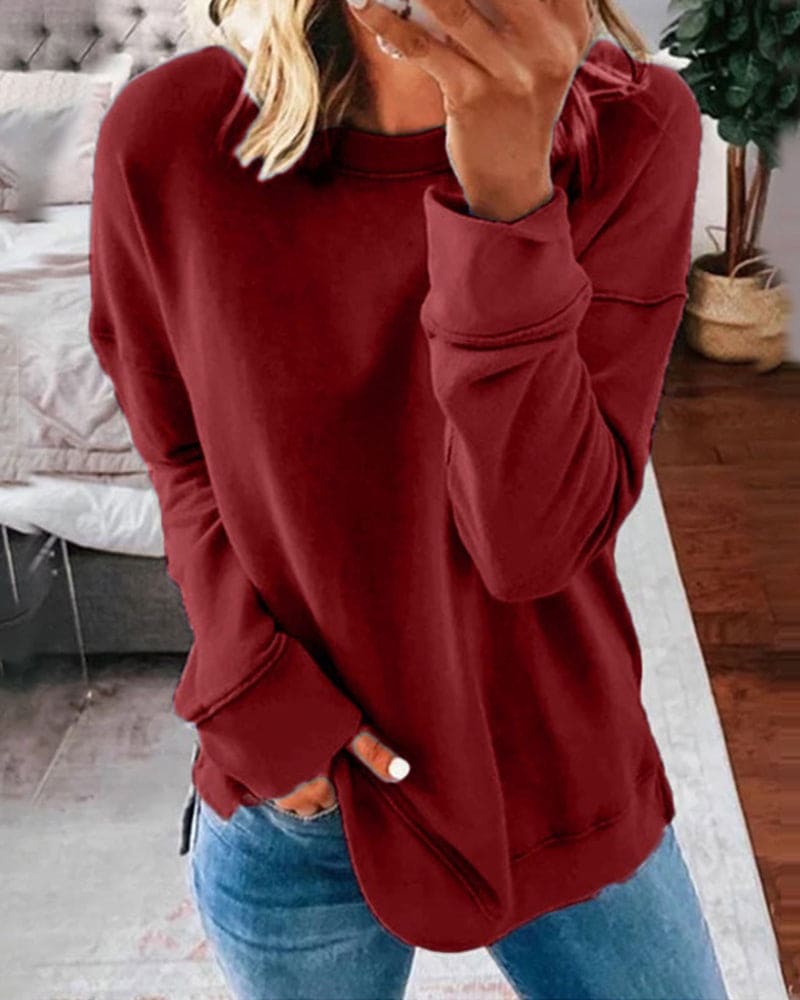 Kari | Womens Crew Neck Fleece Sweatshirt with Curved Hem | Side Slits, Relaxed Fit | Blue, Pink, Navy and More S-3XL