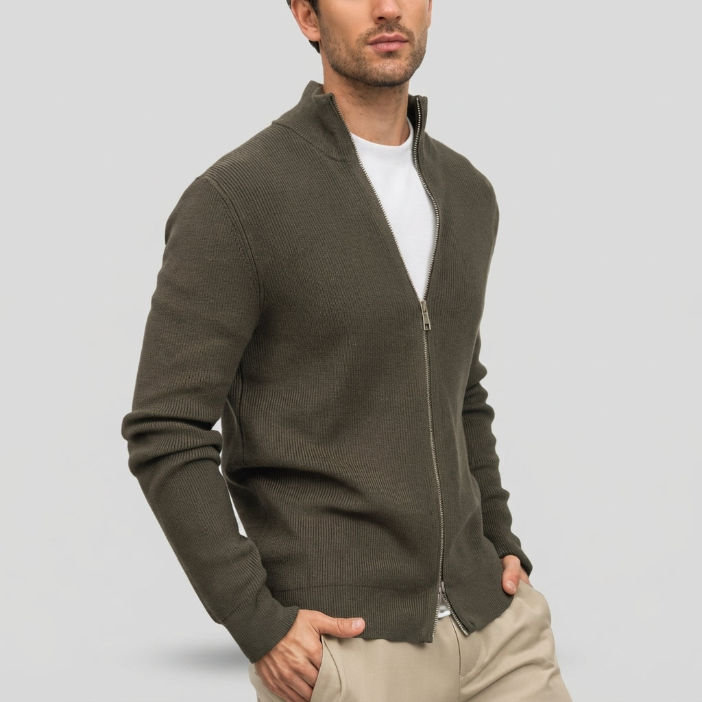 Renz - Men's Ribbed Full-Zip Knit Cardigan