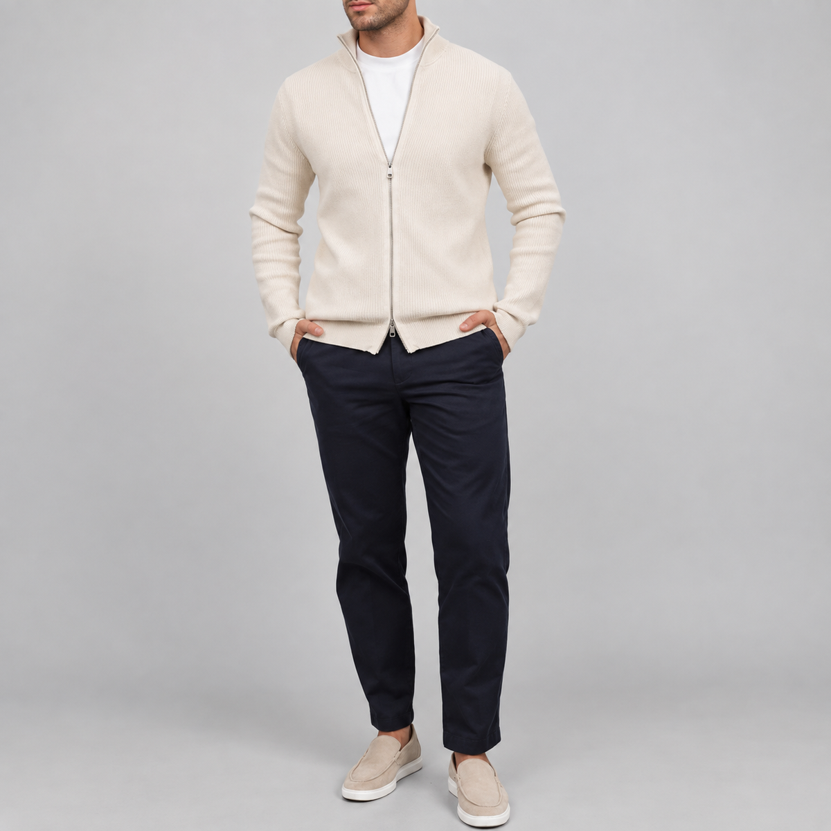 Renz - Men's Ribbed Full-Zip Knit Cardigan