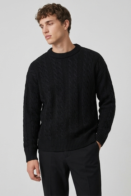 Men's Cable Knit Ribbed Crew Neck Jumper, Long Sleeves