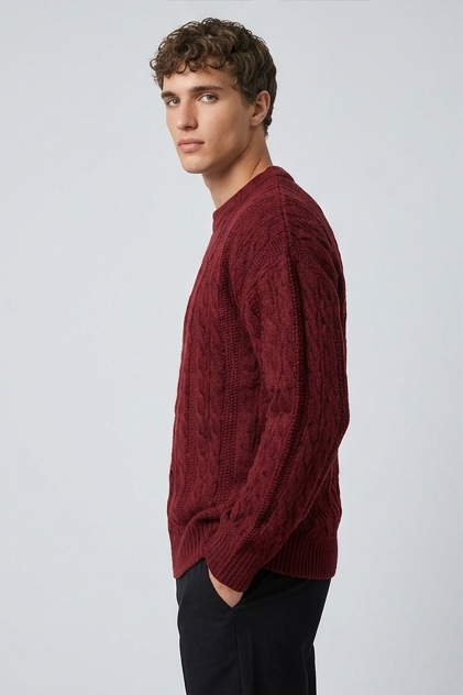 Men's Cable Knit Ribbed Crew Neck Jumper, Long Sleeves