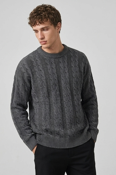 Men's Cable Knit Ribbed Crew Neck Jumper, Long Sleeves