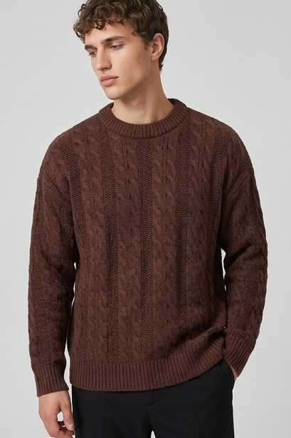 Men's Cable Knit Ribbed Crew Neck Jumper, Long Sleeves