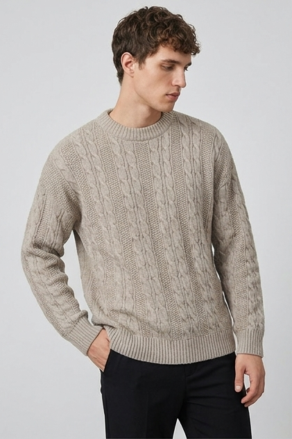 Men's Cable Knit Ribbed Crew Neck Jumper, Long Sleeves