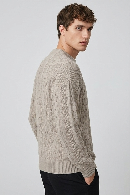 Men's Cable Knit Ribbed Crew Neck Jumper, Long Sleeves