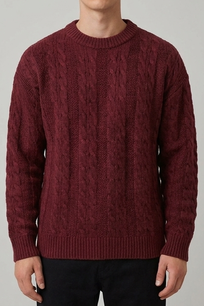 Men's Cable Knit Ribbed Crew Neck Jumper, Long Sleeves