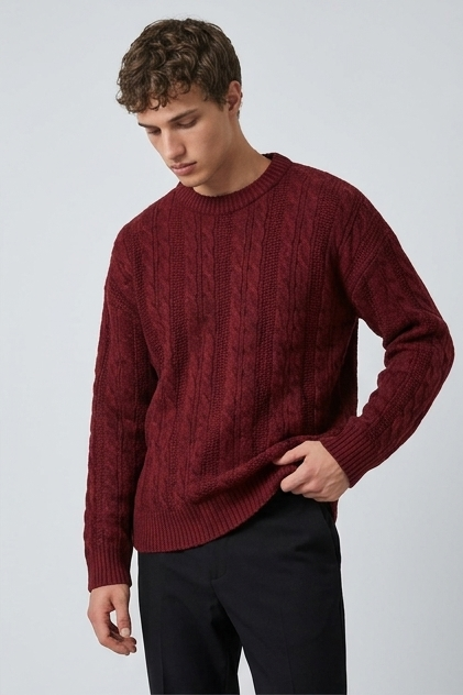 Men's Cable Knit Ribbed Crew Neck Jumper, Long Sleeves