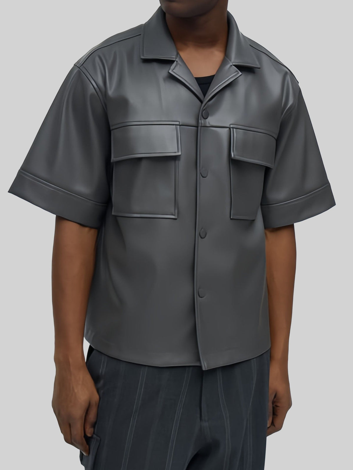 Rick - Men's Short Sleeve Faux Leather Jacket with Flap Pockets