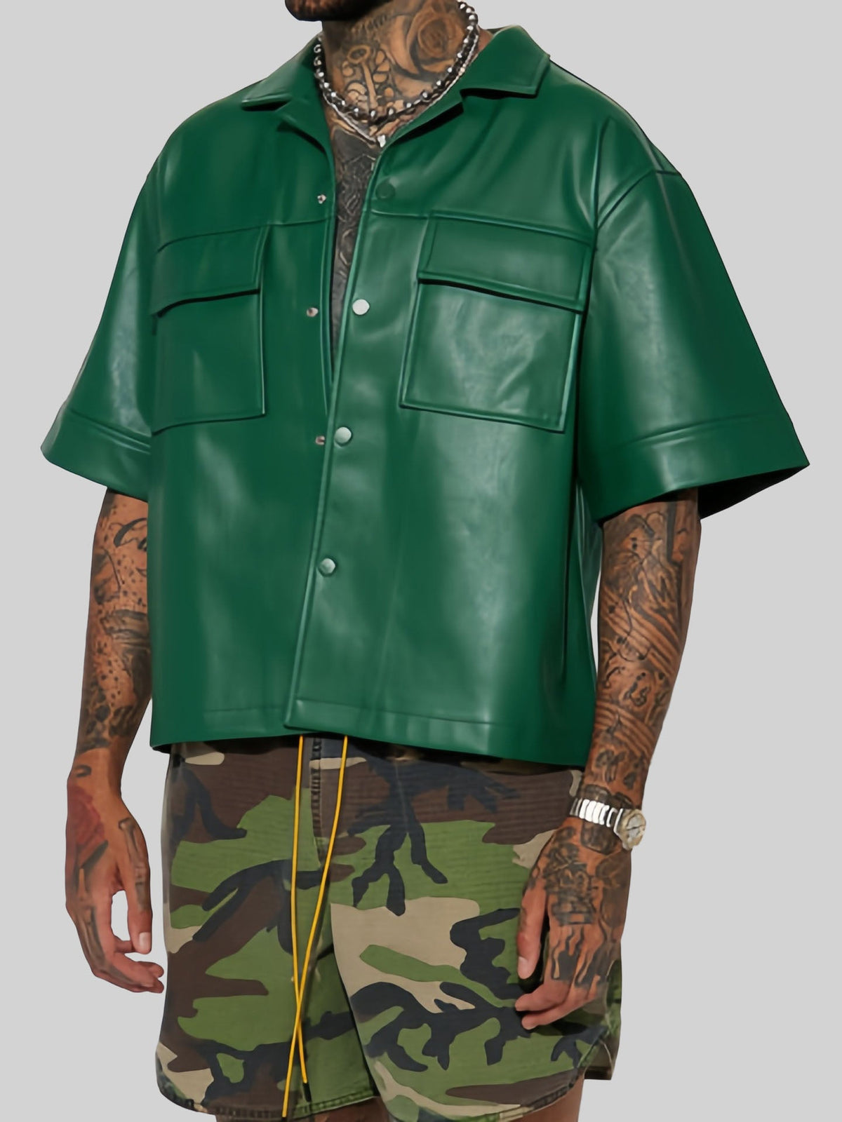 Rick - Men's Short Sleeve Faux Leather Jacket with Flap Pockets