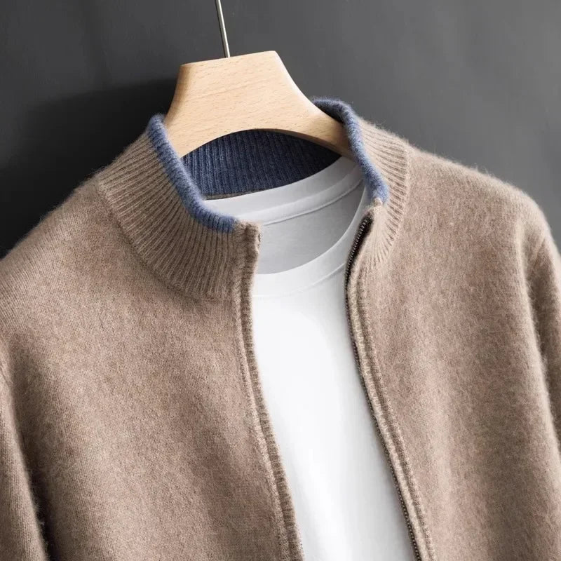 Unisex Knit Zip-Front Bomber Cardigan, Ribbed Collar