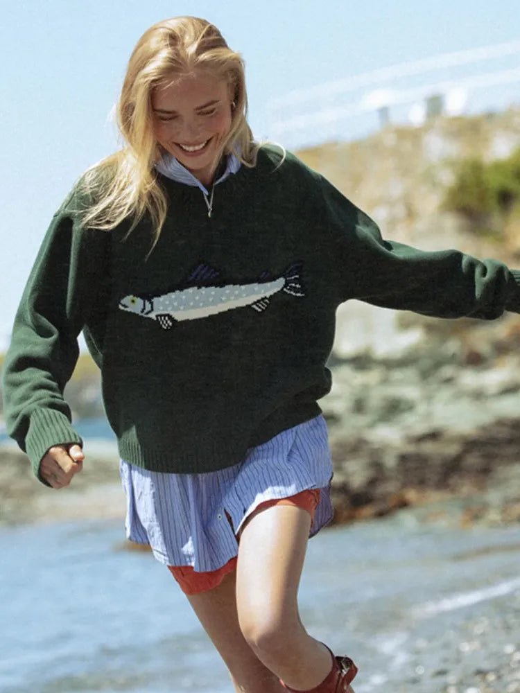 Hadley | Womens Half-Zip Knit Sweater with Fish Pattern | Wool-Blend, Ribbed Cuffs | Forest Green, Black and More XS-XL