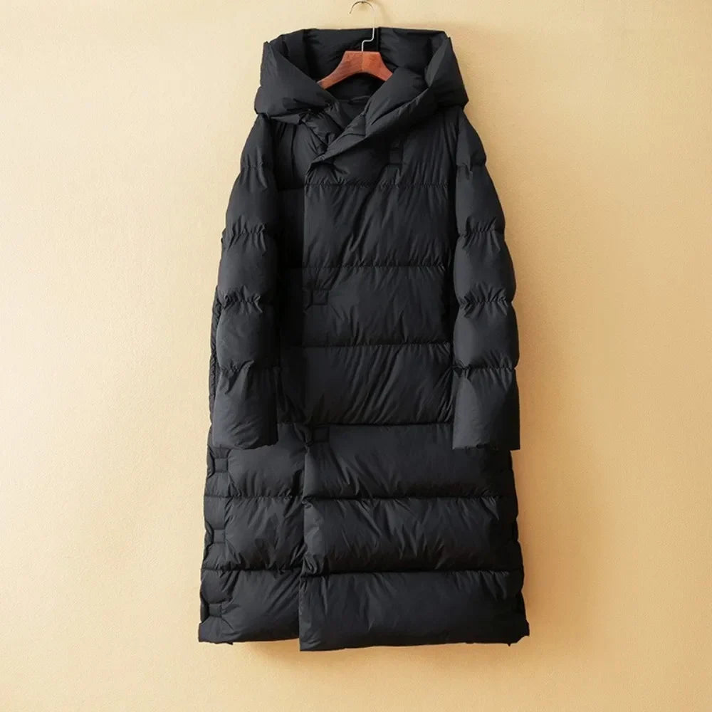 Autumn | Womens Long Down Parka with Hood | Duck Down Fill, Long Cut, Hidden Front Closure | Coffee, Black, White S-L