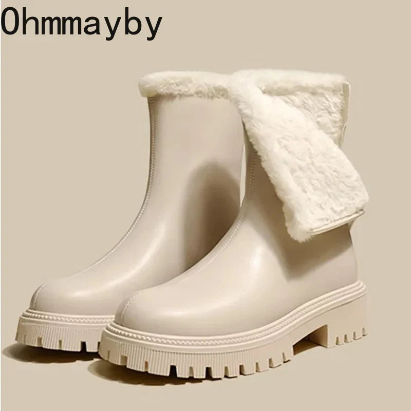 Blair | Womens Faux Fur Lined Winter Ankle Boots | Waterproof Finish, Chunky Tread Sole, Slip-On | Beige, Black 5-10