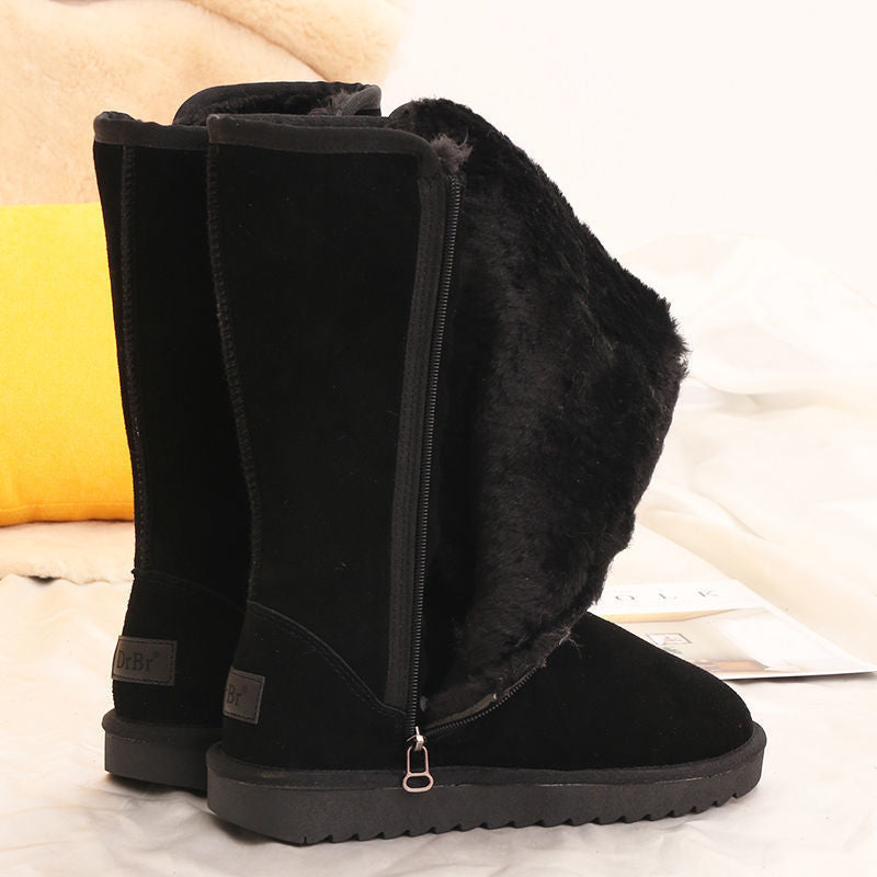 Unisex Black Winter Boots, Tall Shaft, Side Zip, Flat Sole
