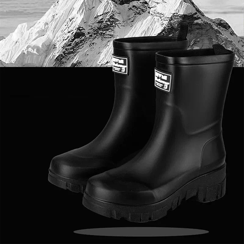 Women's Waterproof Boots in Molded Rubber | Block Heel, Mid Calf Shaft, Deep Treaded Outsole | Sizes 3.5-7.5, 4 Colors