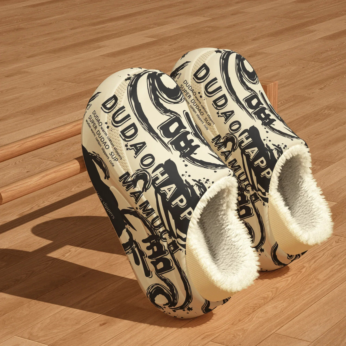 Women's Winter Slippers with a Plush Lining | Cartoon Graffiti Print in Cream | Closed Toe House Shoes with an Anti Slip Sole