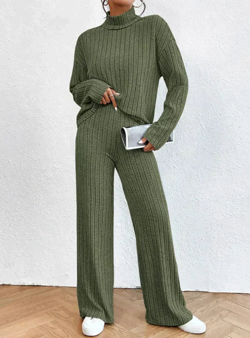 Women's Ribbed Turtleneck Sweater and Wide-Leg Pants Set