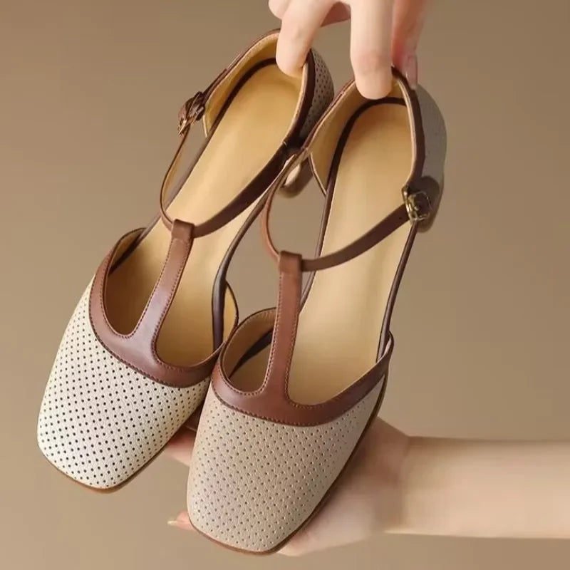 Women's Block Heel Pumps with T-Strap Buckle | Perforated Upper, Square Toe for Work and Ceremony | Size 5-8, Cream or Beige