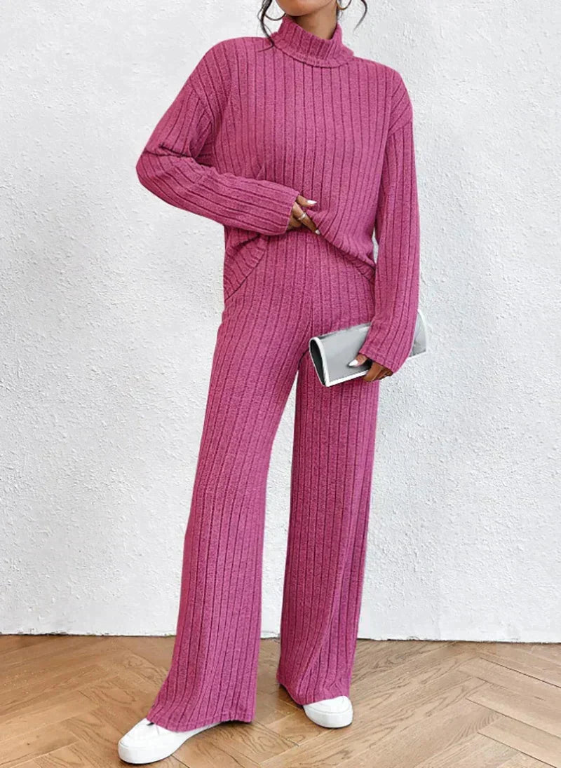 Women's Ribbed Turtleneck Sweater and Wide-Leg Pants Set