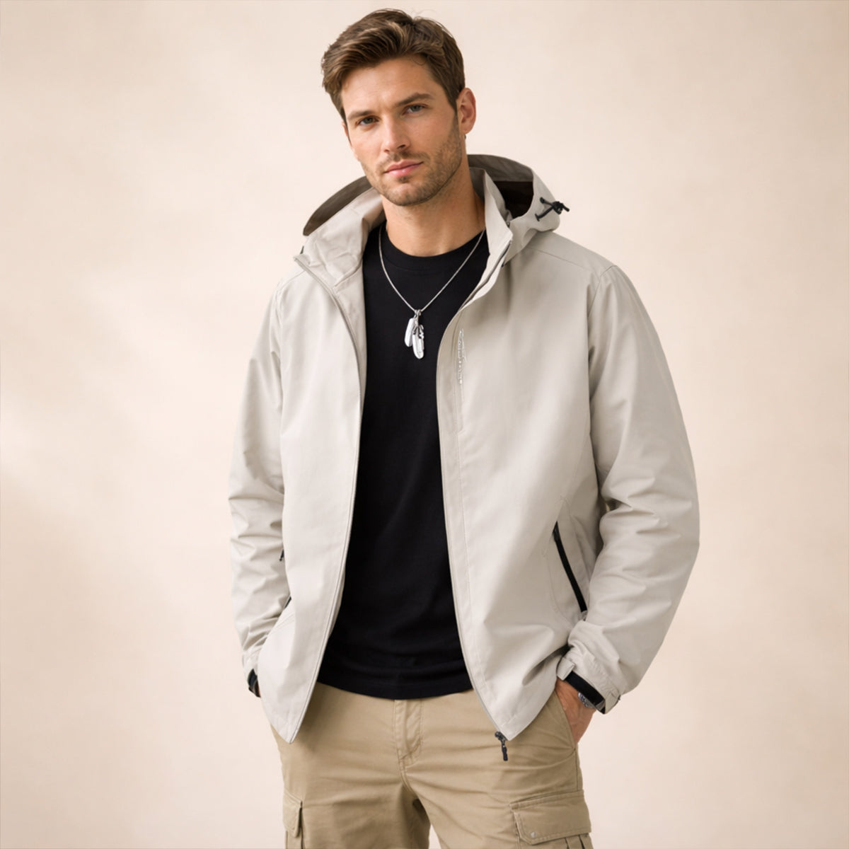 Men's Hooded Rain Jacket, Zip Front, Long Sleeves