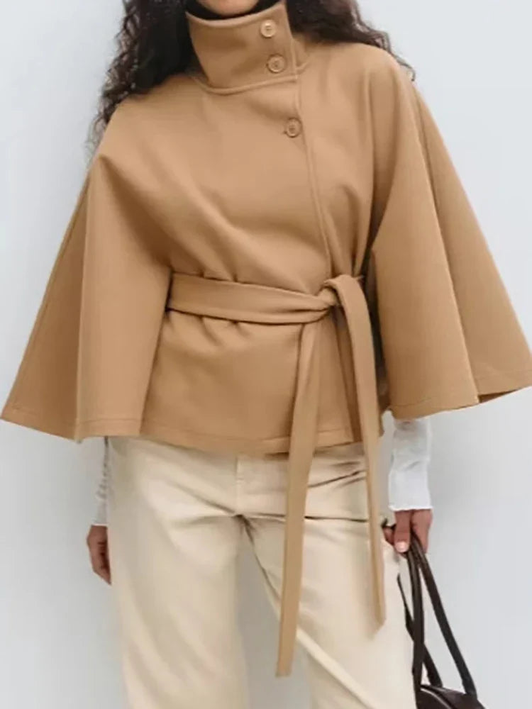 Leslie | Womens Wool Blend Cape Coat with Belted Waist | Stand Collar, Cape Sleeves | Navy, Black, Khaki and More S-2XL