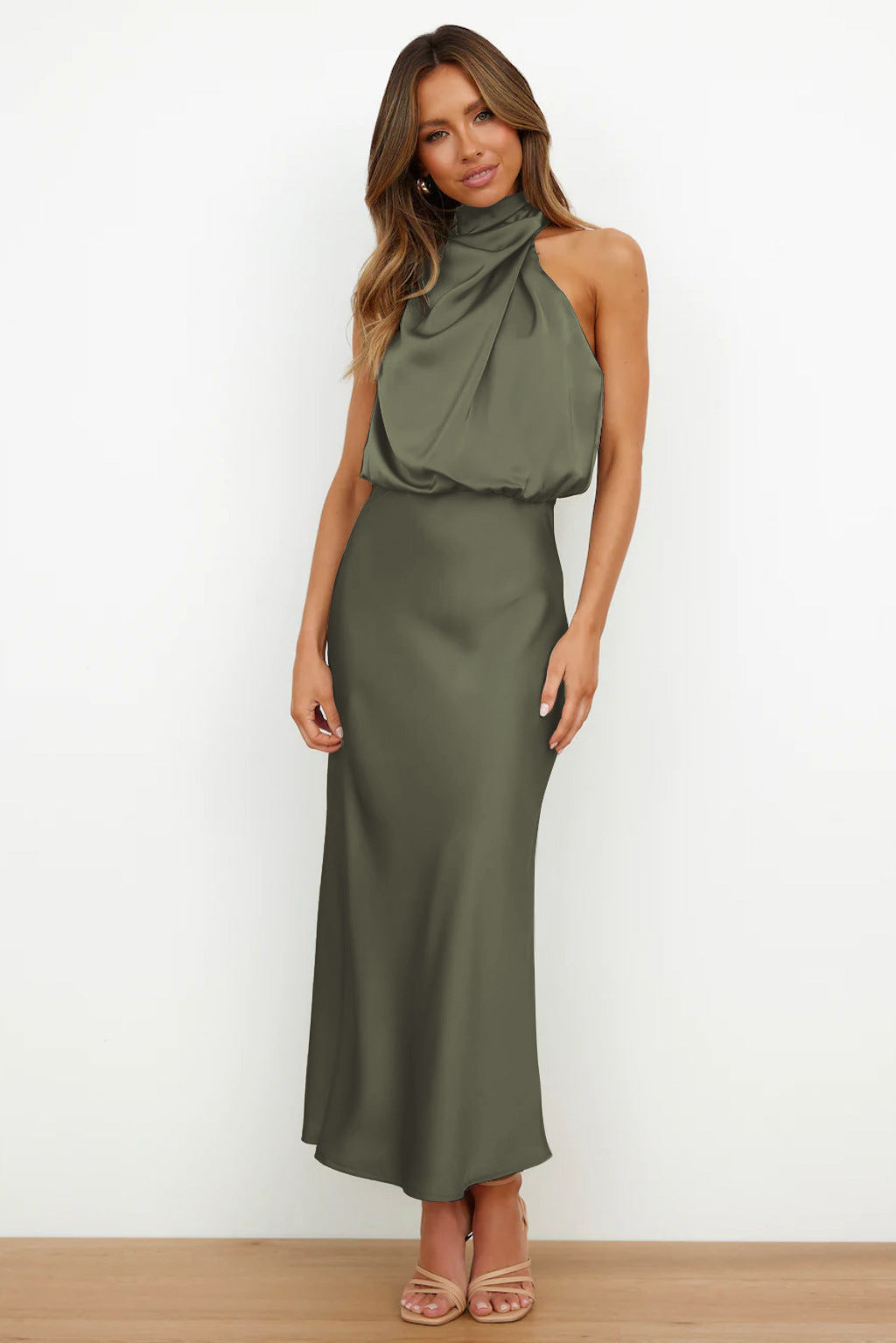 Women's Formal Wedding Guest Dress in Fluid Fabric | High Neck with Soft Sheen, Easy Movement | Size S-5XL, 9 Colors