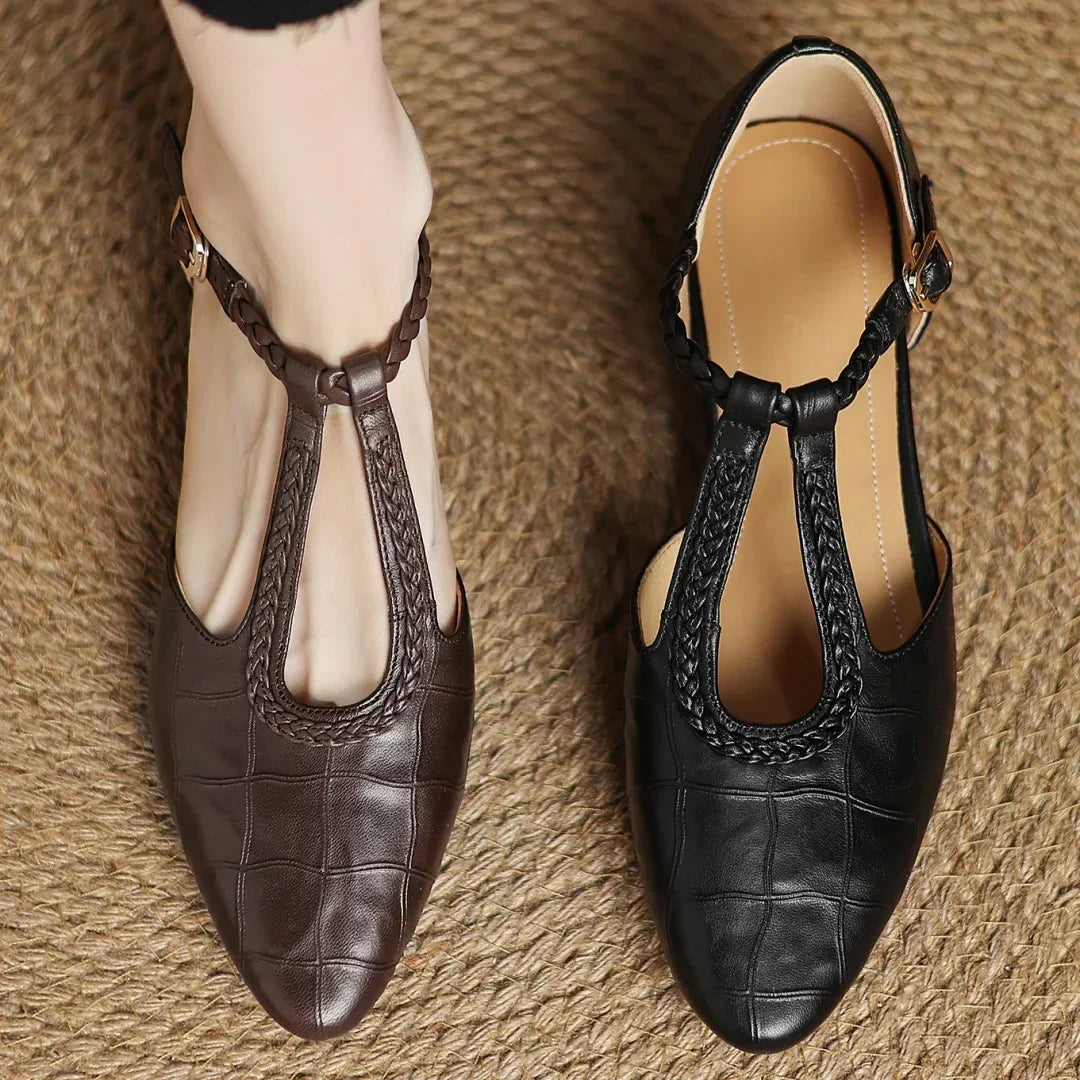 Women's Leather Mary Jane Ballet Flats | T-Strap Buckle, Tapered Toe and Cushioned Flat Sole | Size 5.5-8, Brown or Black