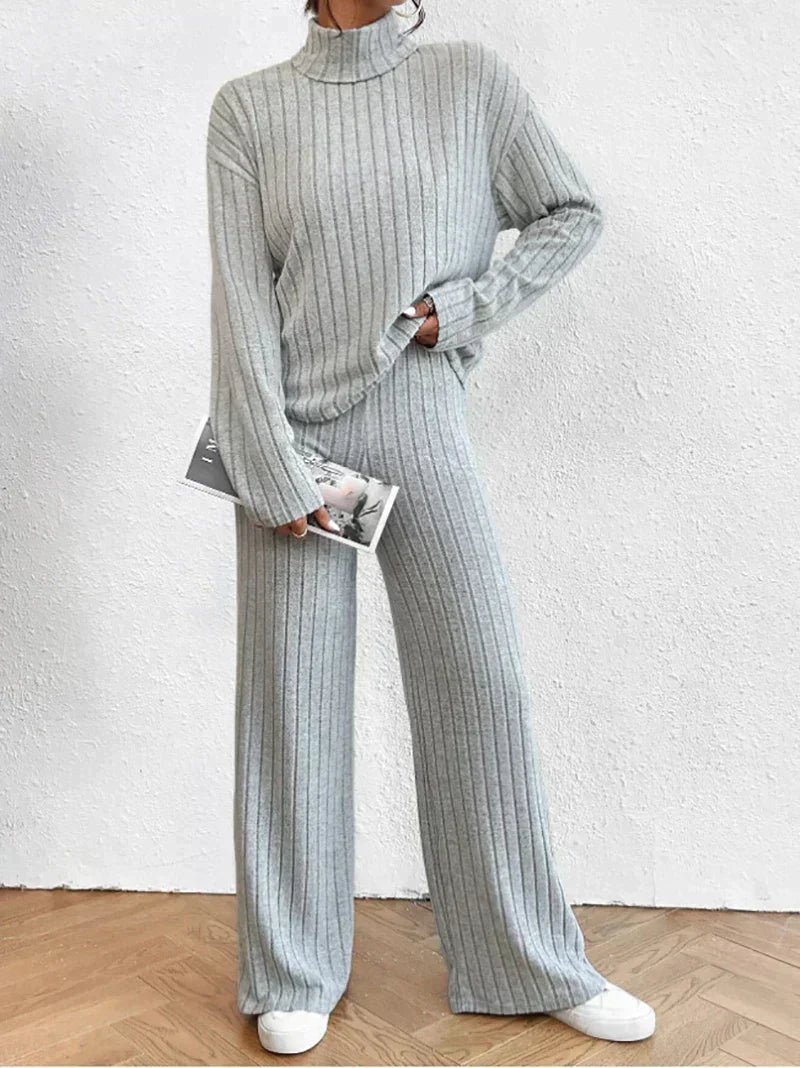 Women's Ribbed Turtleneck Sweater and Wide-Leg Pants Set