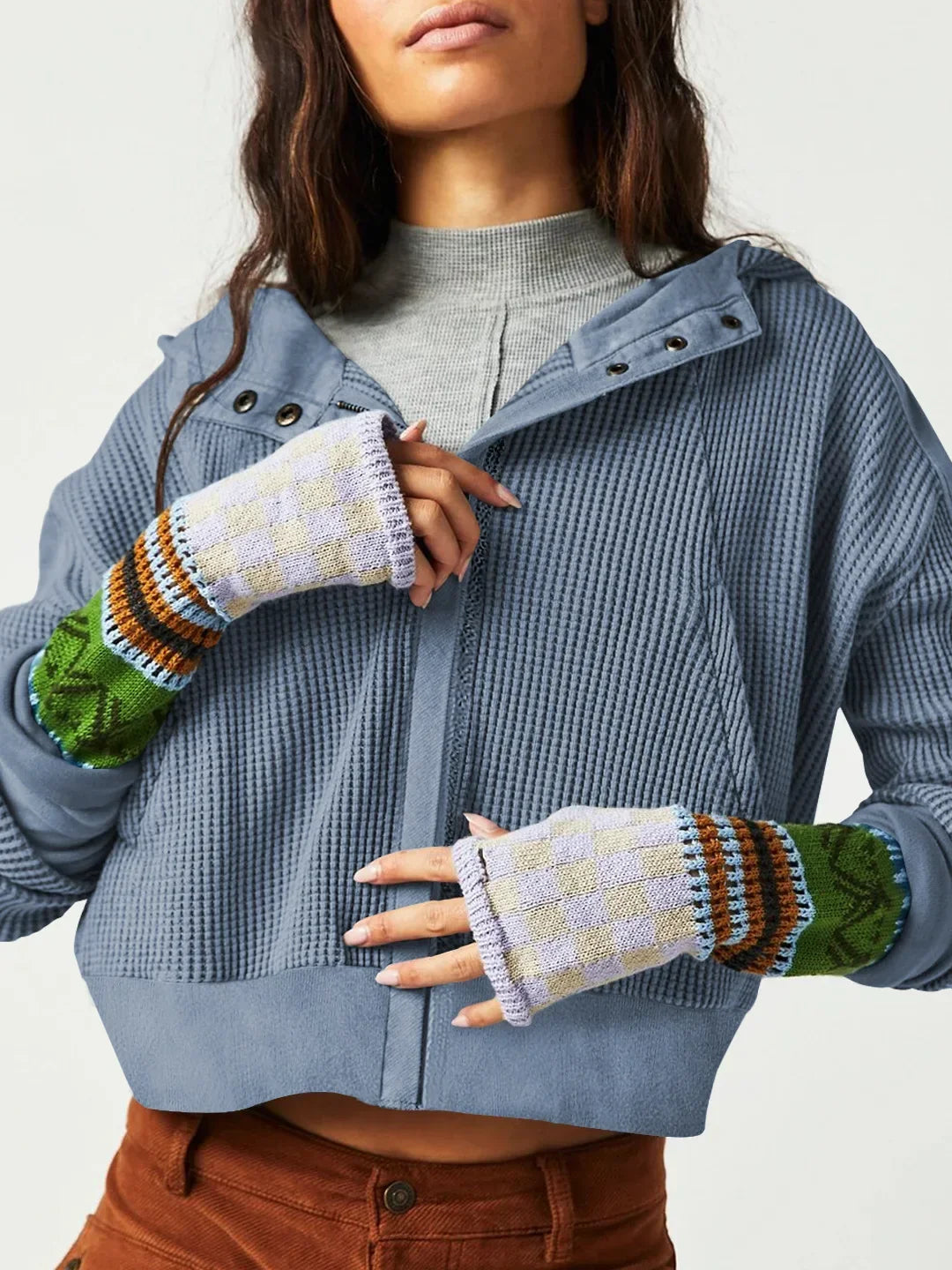 Christina | Womens Cropped Zip Hoodie in Waffle Cotton | Snug Hood, Textured Fabric | Pine, Blue and More S-XL