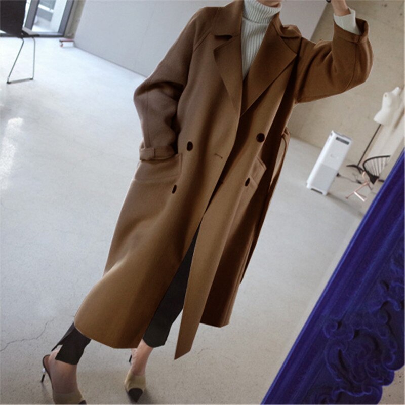 Women's Long Trench Coat Double-Breasted Notched Lapel