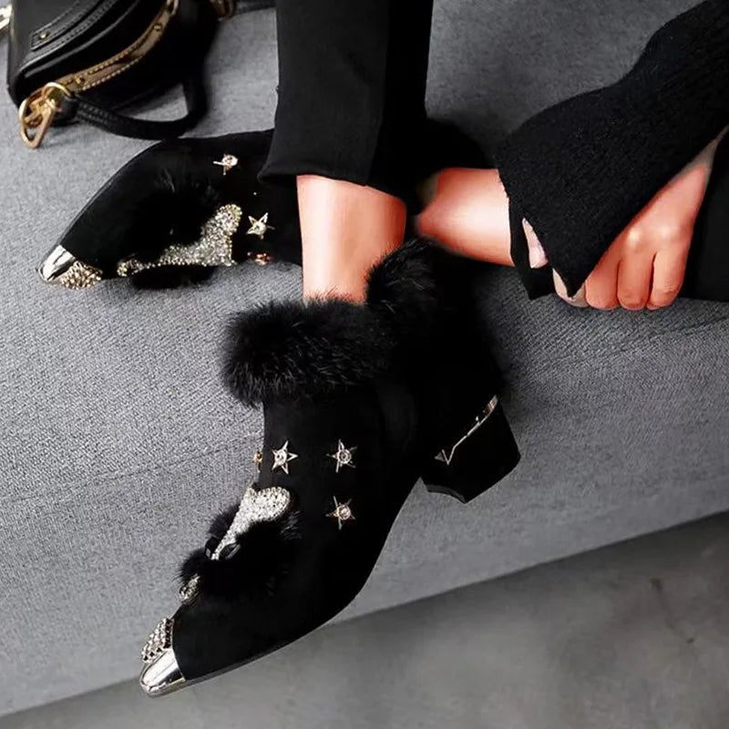Women's Pointed Toe Ankle Boots with Faux Fur Trim | Rhinestone Detailing, Metal Cap and Block Heel | 2 Colors