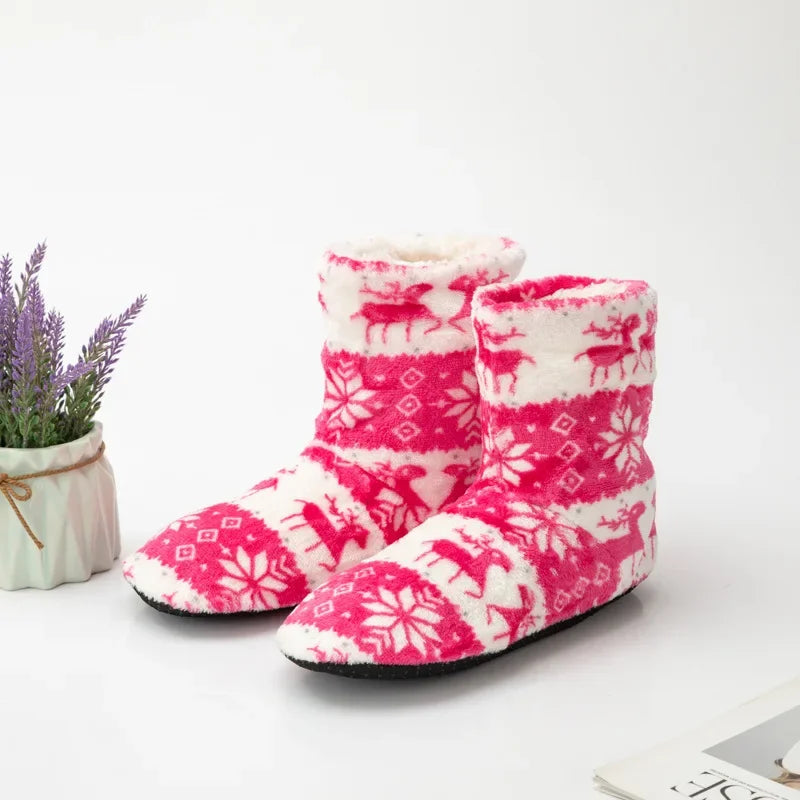 Women's Slipper Boots with Fold Over Cuffs | Plush Winter Slippers with a Snowflake and Reindeer Print | 7 Colors