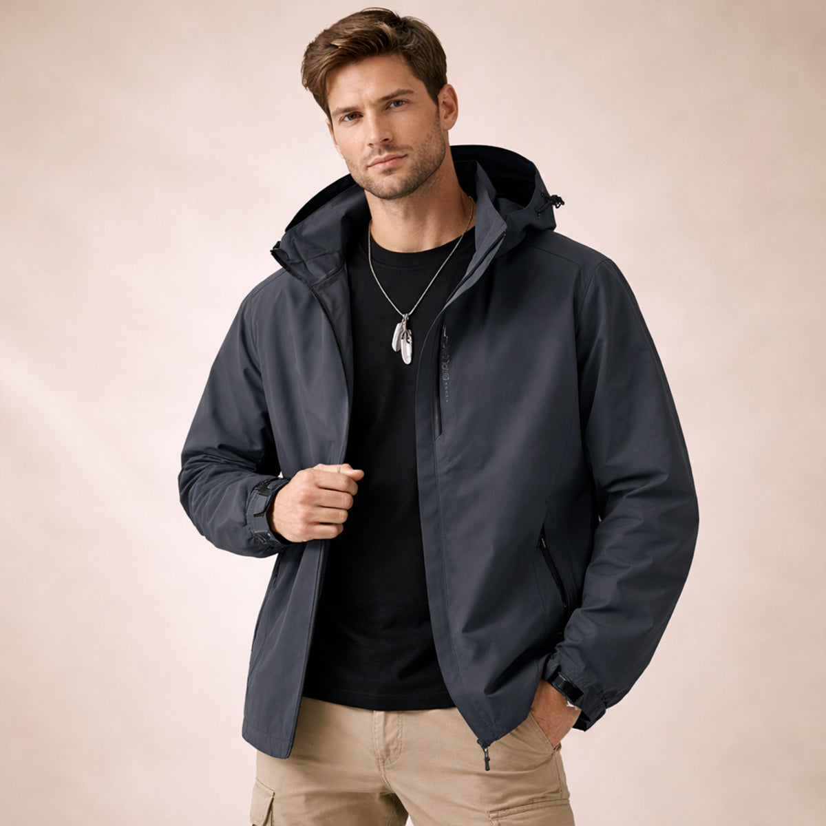 Men's Hooded Rain Jacket, Zip Front, Long Sleeves