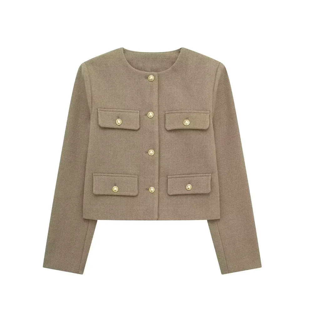 Women's Cropped Wool Blend Jacket with Gold Buttons