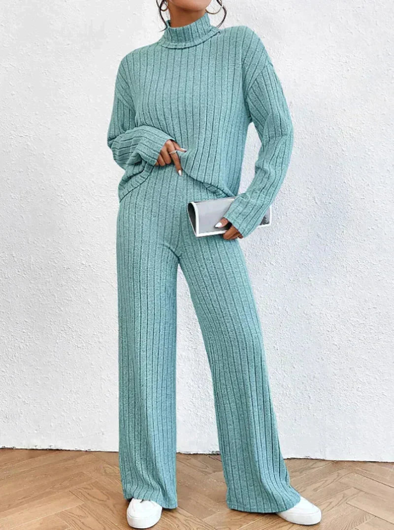 Women's Ribbed Turtleneck Sweater and Wide-Leg Pants Set