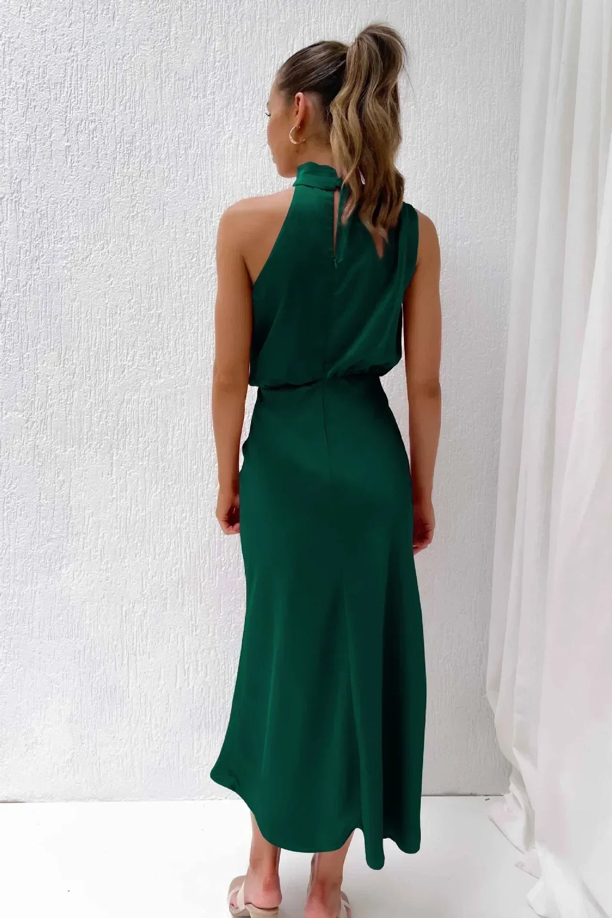 Women's Formal Wedding Guest Dress in Fluid Fabric | High Neck with Soft Sheen, Easy Movement | Size S-5XL, 9 Colors
