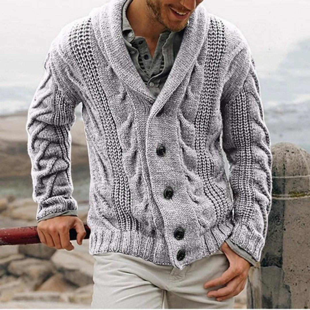 James | Mens Shawl Collar Cable Knit Cardigan | Button Front, Relaxed Fit | Dark Blue, Brown, Gray and More S-2XL