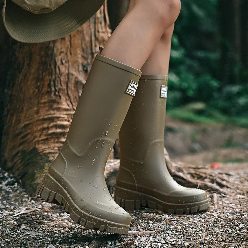 Women's Waterproof Boots in Molded Rubber | Block Heel, Mid Calf Shaft, Deep Treaded Outsole | Sizes 3.5-7.5, 4 Colors