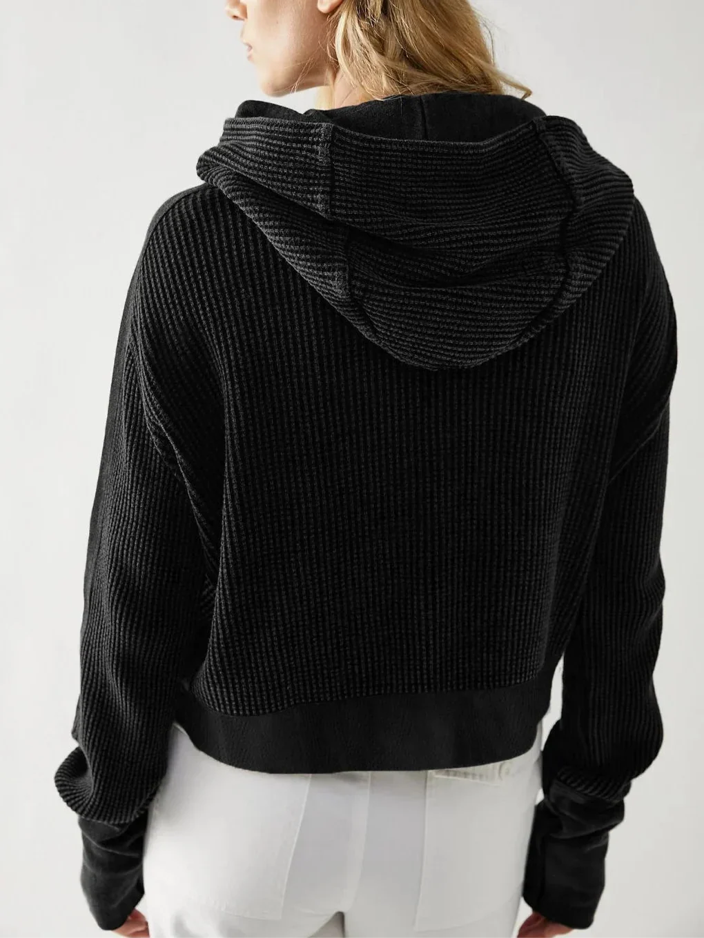 Christina | Womens Cropped Zip Hoodie in Waffle Cotton | Snug Hood, Textured Fabric | Pine, Blue and More S-XL