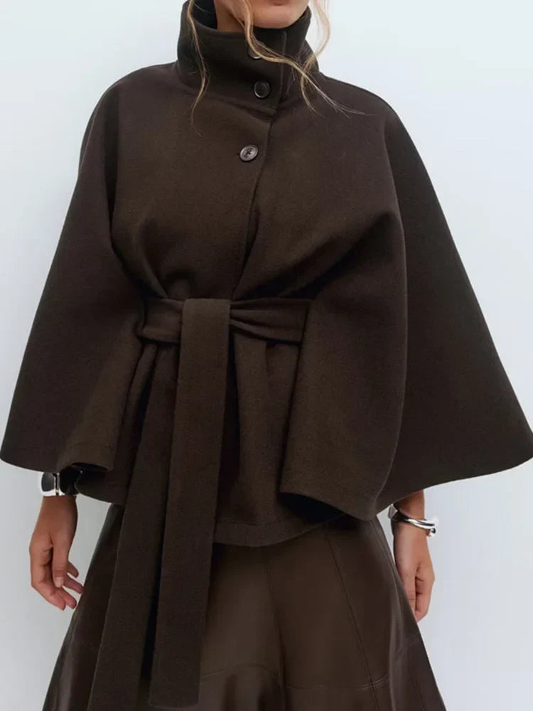 Leslie | Womens Wool Blend Cape Coat with Belted Waist | Stand Collar, Cape Sleeves | Navy, Black, Khaki and More S-2XL