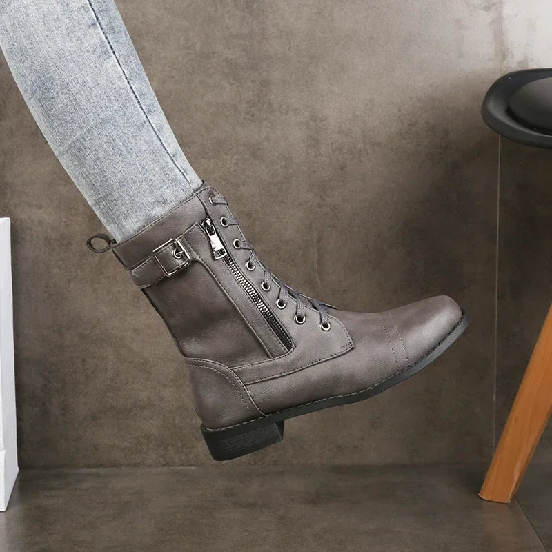 Katherine | Womens Leather Lace-Up Boots with Zipper | Durable All-Terrain Sole | Brown, Black or Gray US 5-12