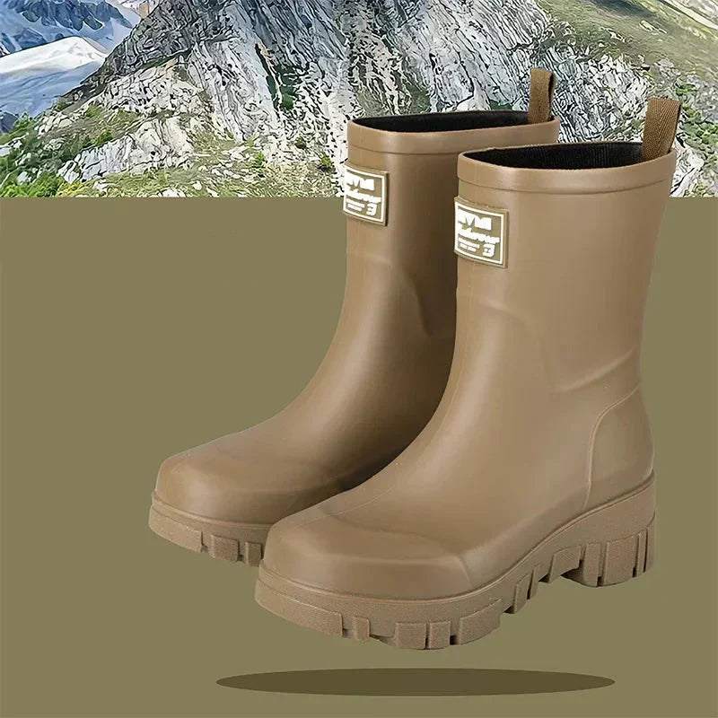Women's Waterproof Boots in Molded Rubber | Block Heel, Mid Calf Shaft, Deep Treaded Outsole | Sizes 3.5-7.5, 4 Colors