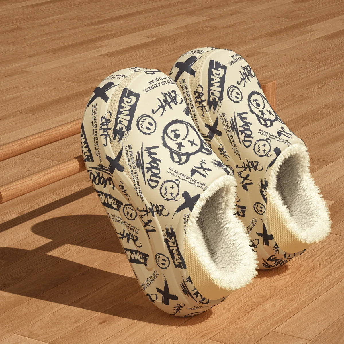 Women's Winter Slippers with a Plush Lining | Cartoon Graffiti Print in Cream | Closed Toe House Shoes with an Anti Slip Sole