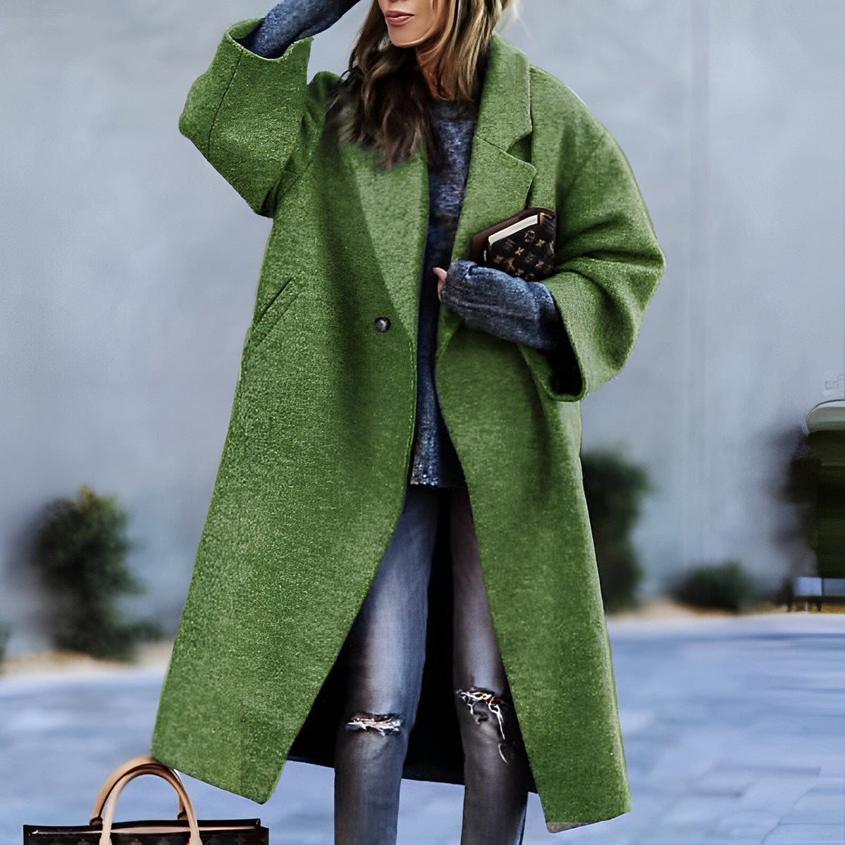 Women's Long Lapel Coat, Single Button, Front Pockets