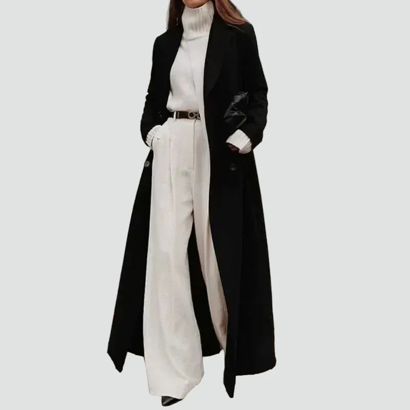 Women's Black Long Double-Breasted Coat, Notched Lapels