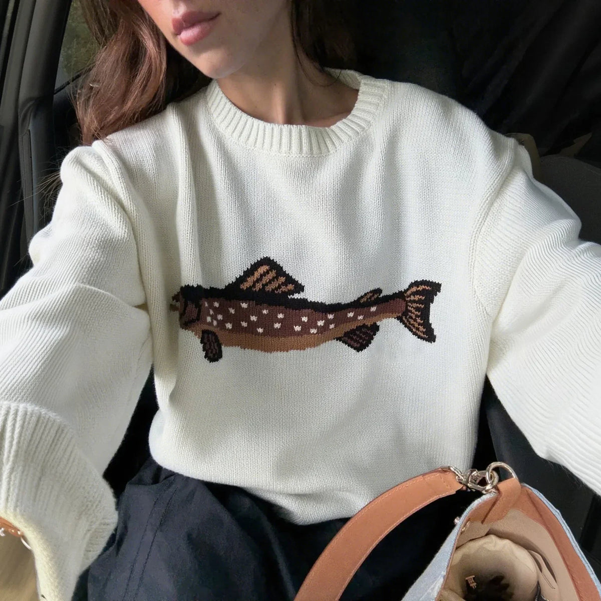 Hadley | Womens Half-Zip Knit Sweater with Fish Pattern | Wool-Blend, Ribbed Cuffs | Forest Green, Black and More XS-XL